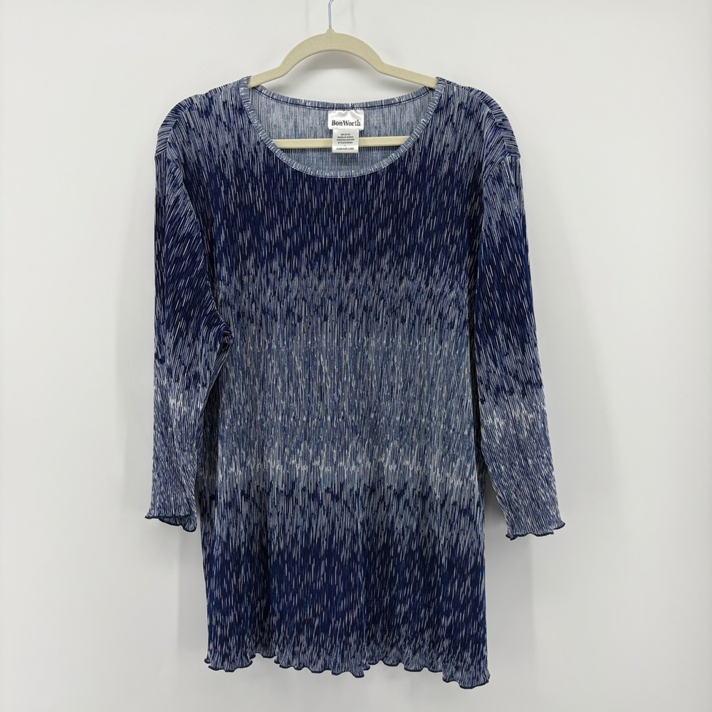 BonWorth Womens L‎ Blue Abstract Pleated Scoop Neck 3/4 Sleeve Lettuce Edge Top